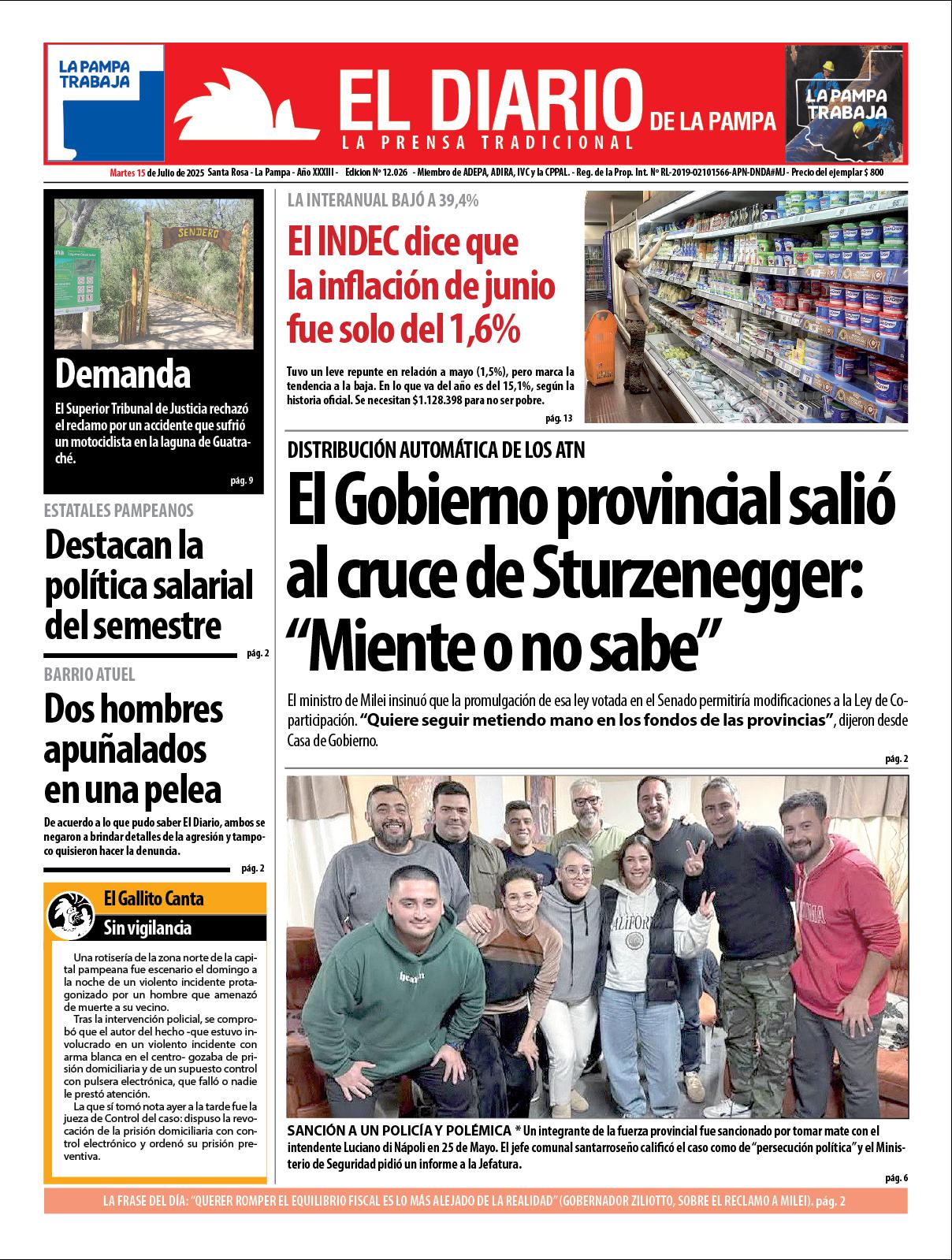 Tapa de El Diario en papel  martes 15 de julio de 2025